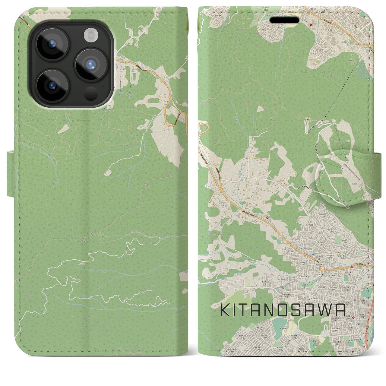 【北の沢(北海道)】地図柄iPhoneケース(手帳タイプ)ナチュラル・iPhone 15 Pro Max 用