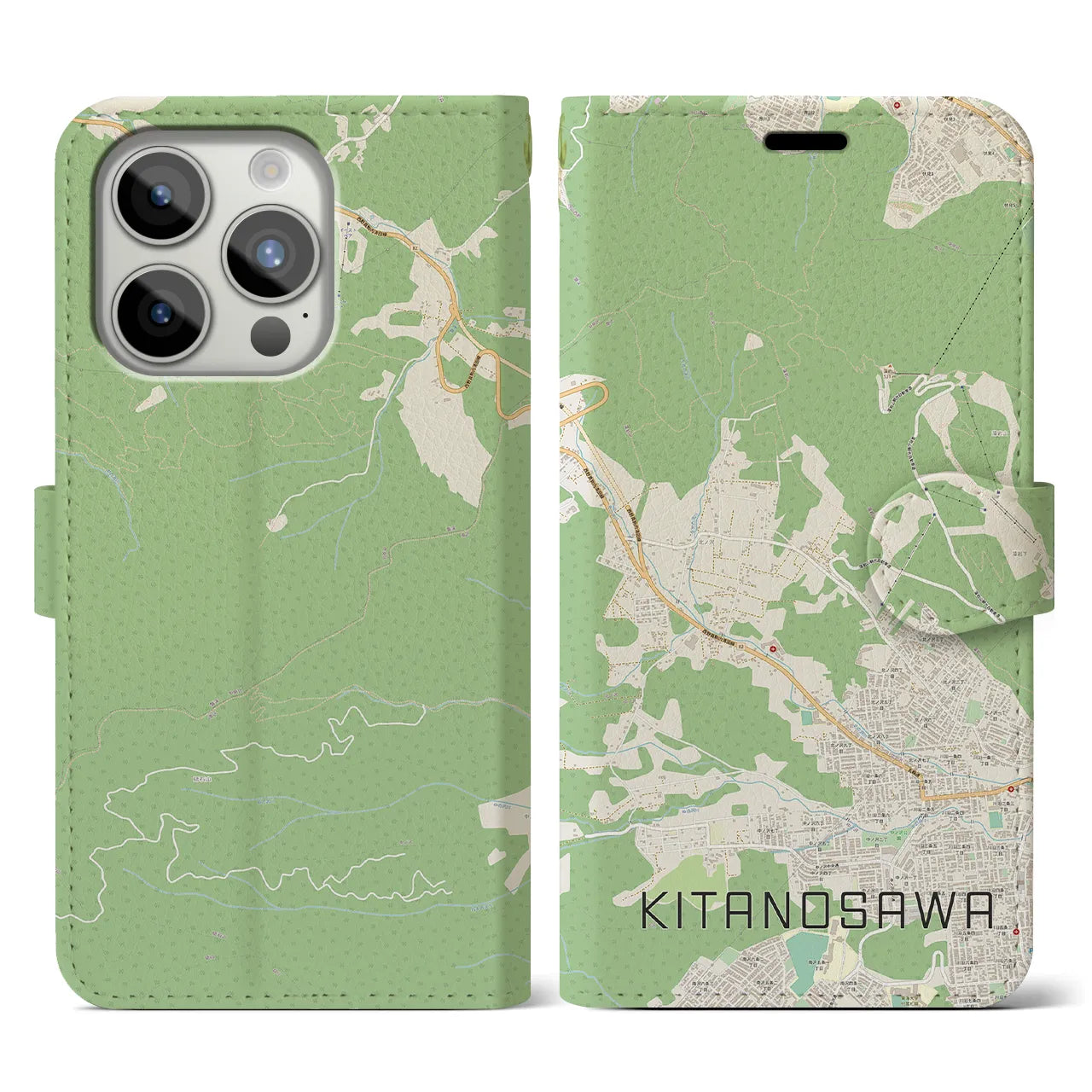 【北の沢(北海道)】地図柄iPhoneケース(手帳タイプ)ナチュラル・iPhone 15 Pro 用
