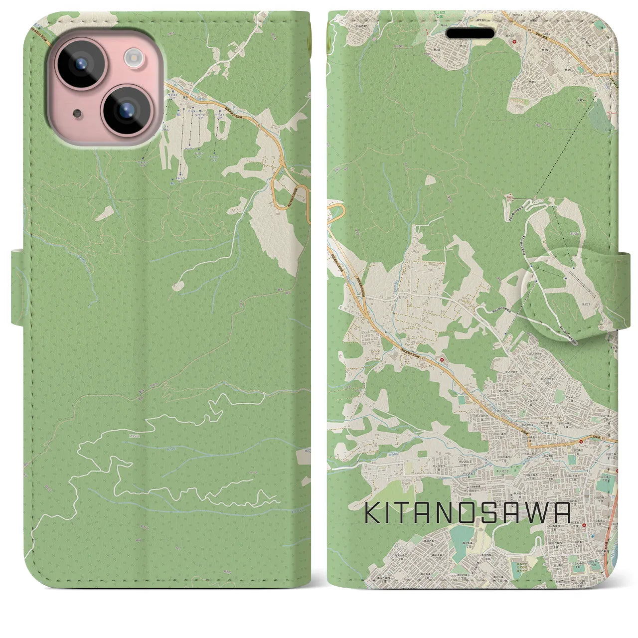 【北の沢(北海道)】地図柄iPhoneケース(手帳タイプ)ナチュラル・iPhone 15 Plus 用