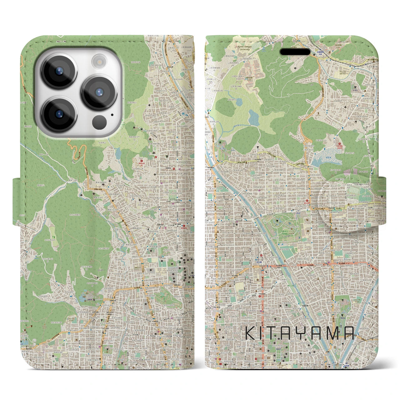【北山(京都府)】地図柄iPhoneケース(手帳タイプ)ナチュラル・iPhone 14 Pro 用