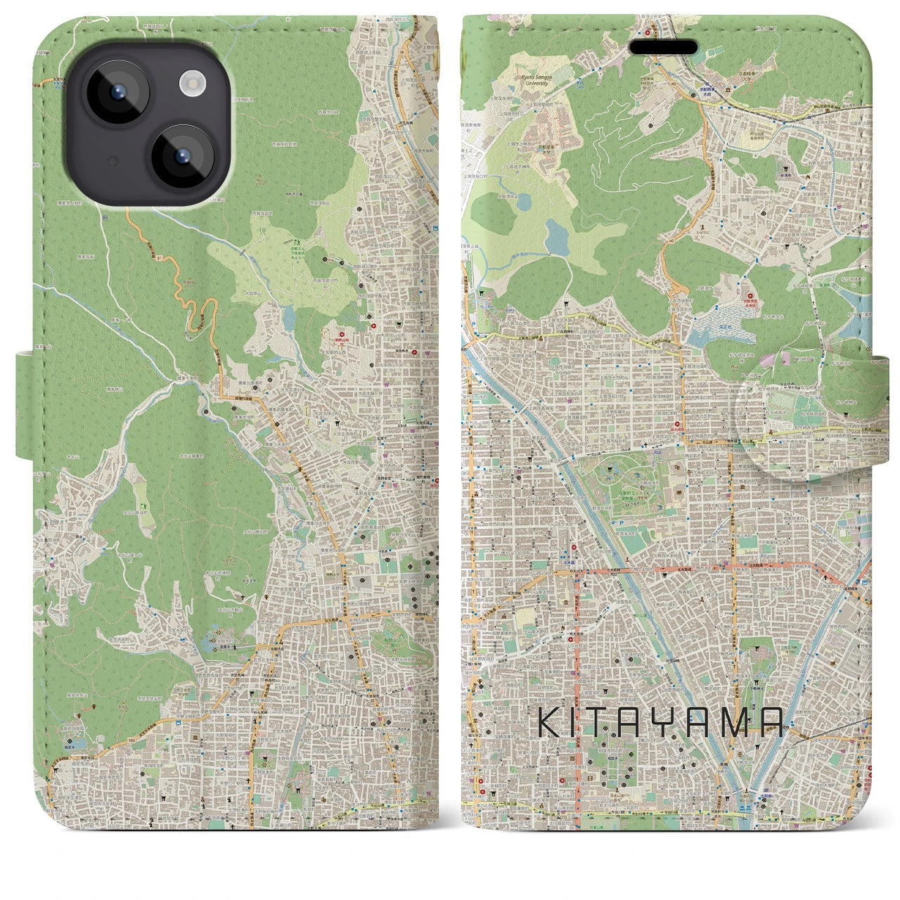 【北山(京都府)】地図柄iPhoneケース(手帳タイプ)ナチュラル・iPhone 14 Plus 用