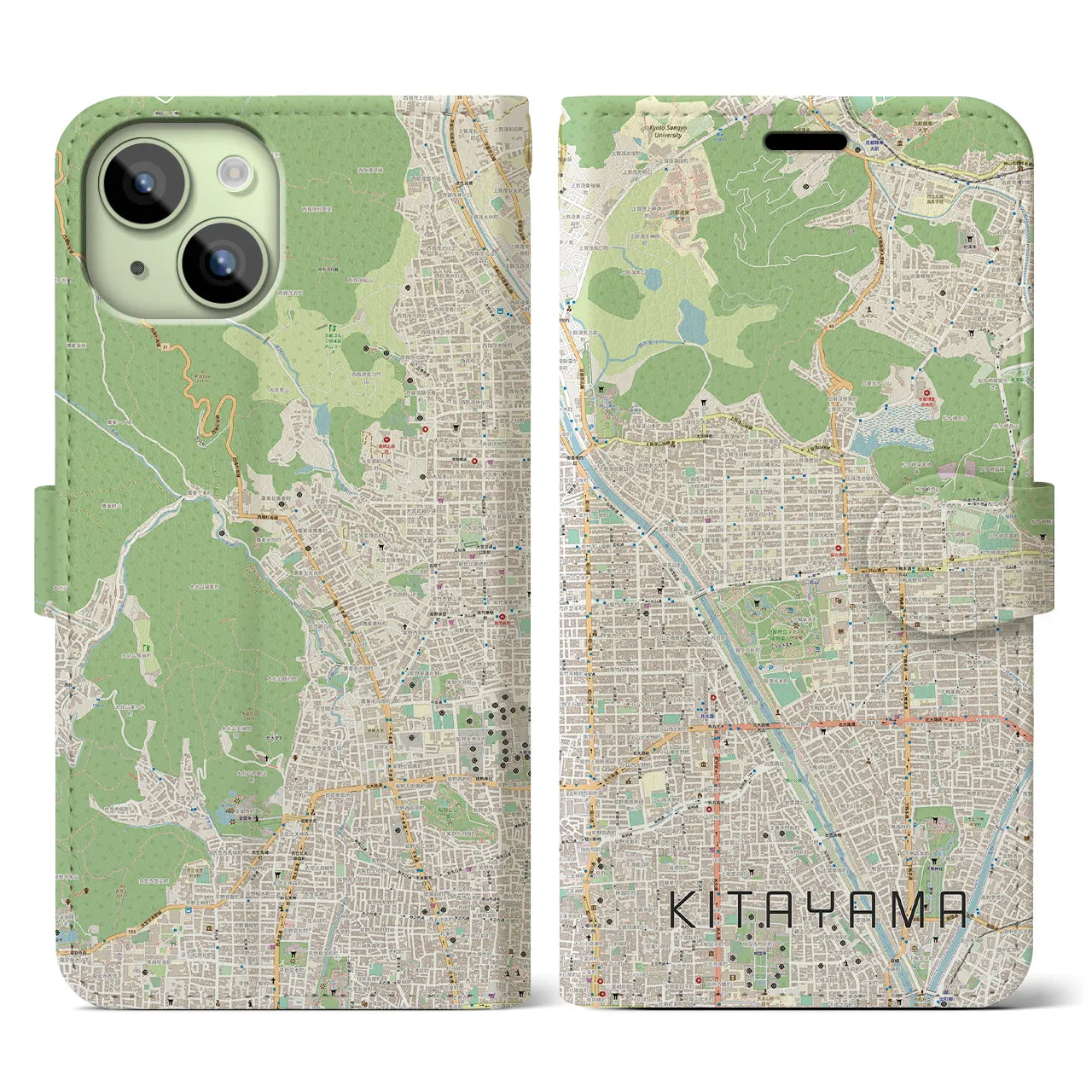 【北山(京都府)】地図柄iPhoneケース(手帳タイプ)ナチュラル・iPhone 15 用