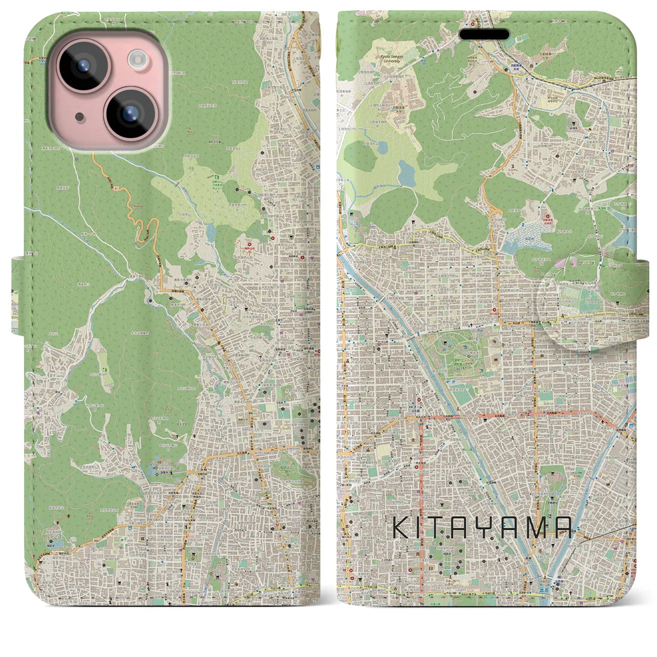 【北山(京都府)】地図柄iPhoneケース(手帳タイプ)ナチュラル・iPhone 15 Plus 用