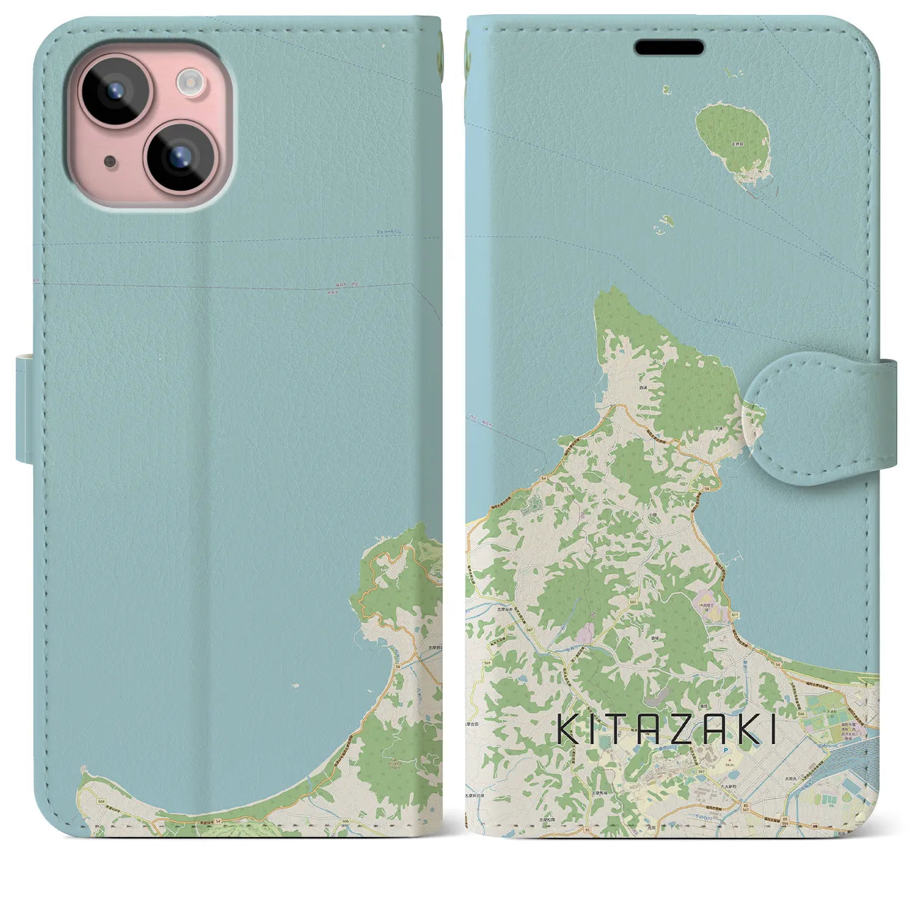 【北崎(福岡県)】地図柄iPhoneケース(手帳タイプ)ナチュラル・iPhone 15 Plus 用