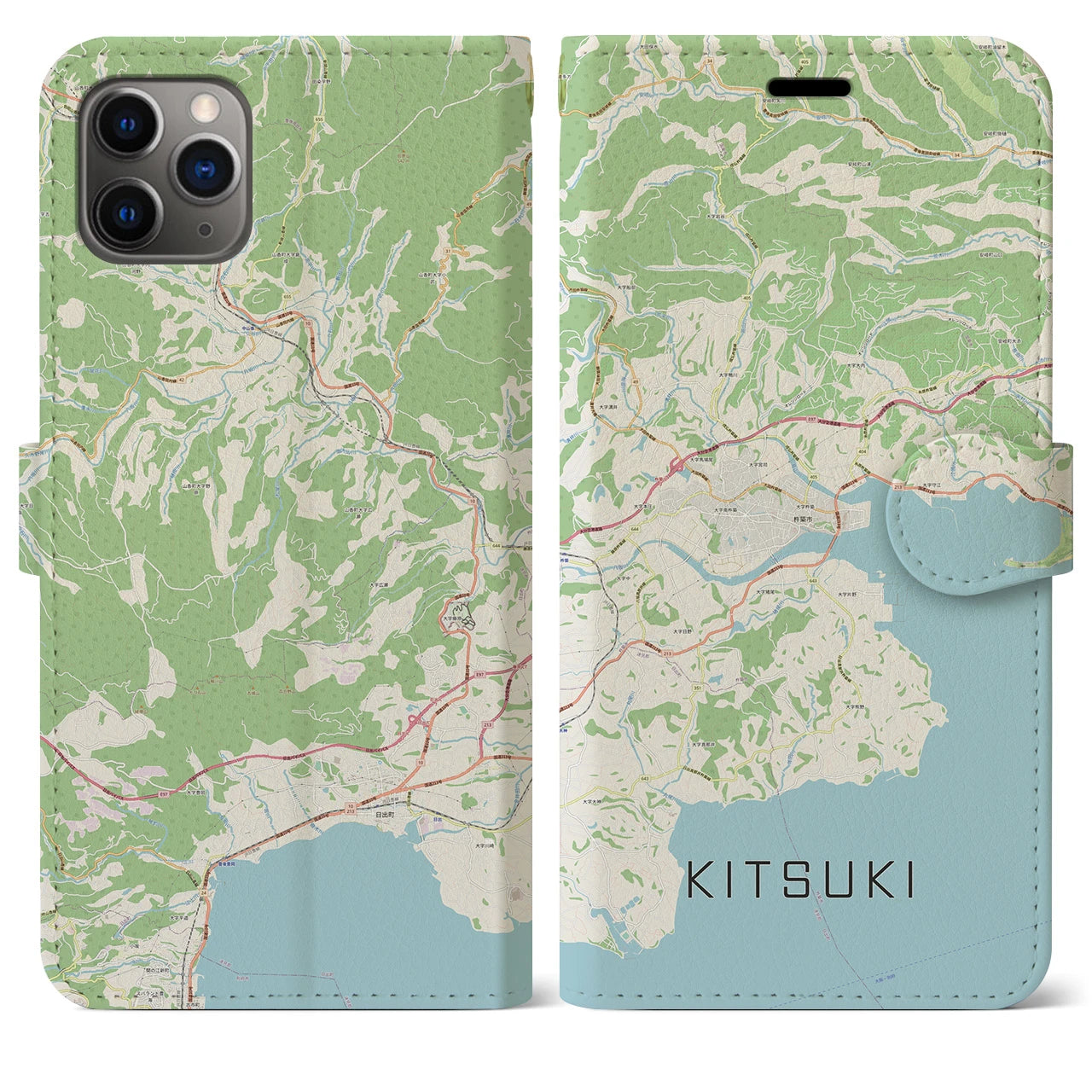 【杵築(大分県)】地図柄iPhoneケース(手帳タイプ)ナチュラル・iPhone 11 Pro Max 用