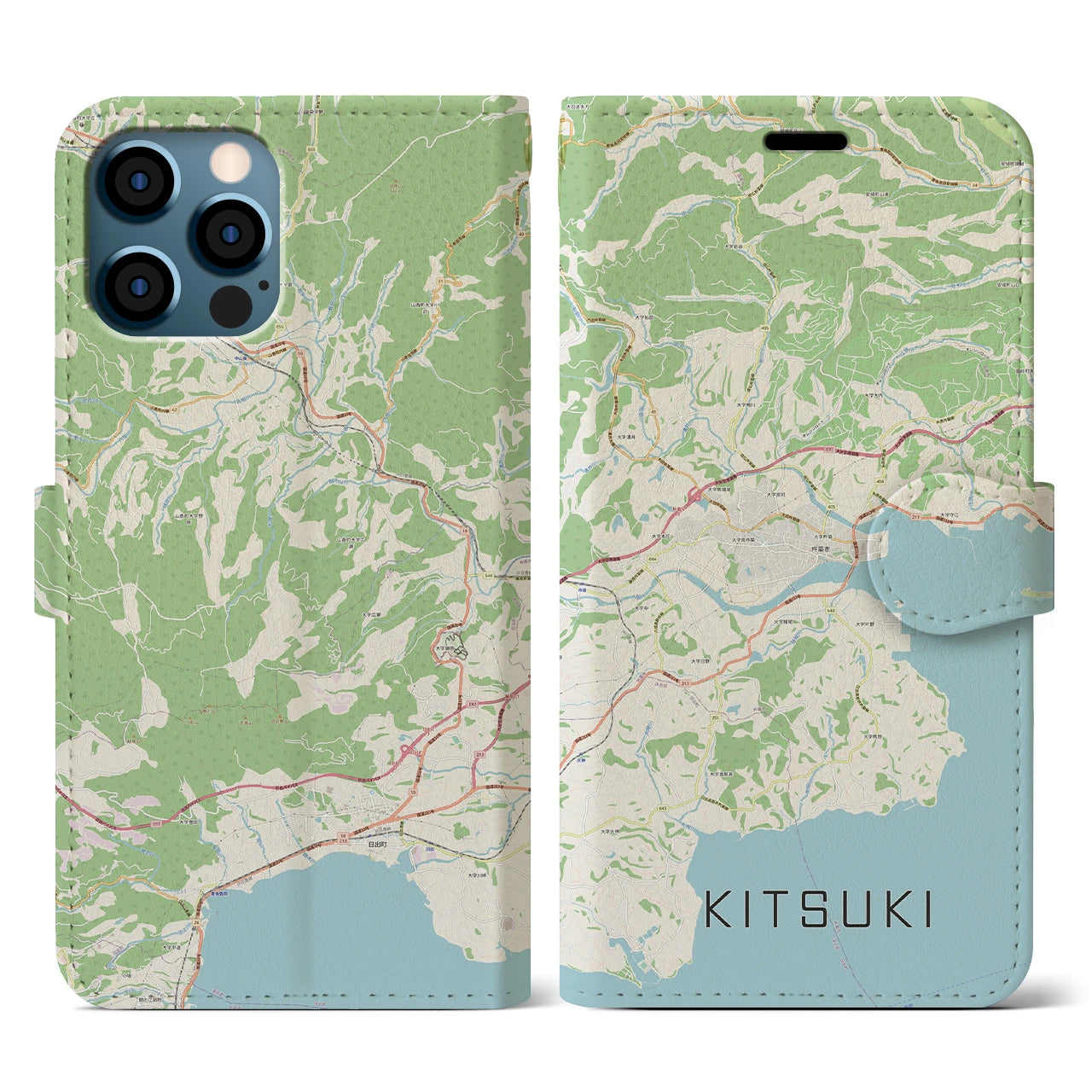 【杵築(大分県)】地図柄iPhoneケース(手帳タイプ)ナチュラル・iPhone 12 / 12 Pro 用