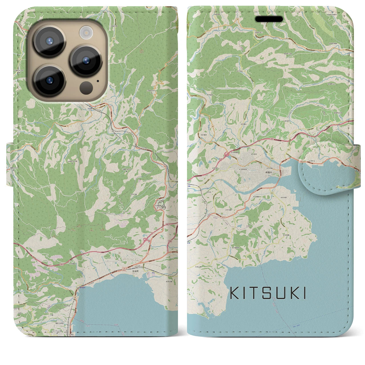 【杵築(大分県)】地図柄iPhoneケース(手帳タイプ)ナチュラル・iPhone 14 Pro Max 用