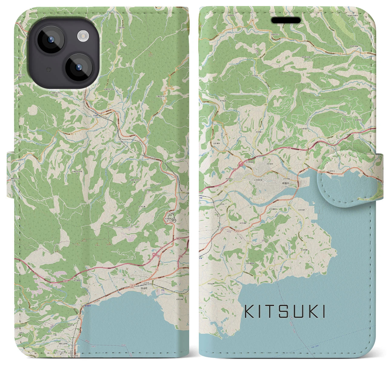 【杵築(大分県)】地図柄iPhoneケース(手帳タイプ)ナチュラル・iPhone 14 Plus 用