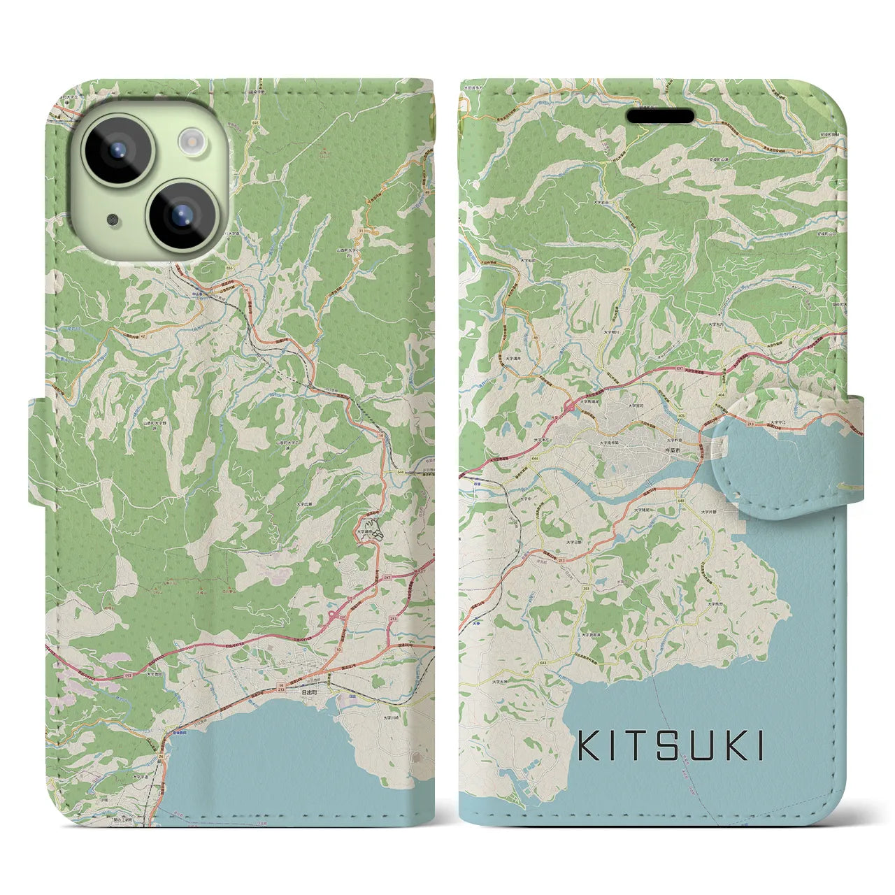 【杵築(大分県)】地図柄iPhoneケース(手帳タイプ)ナチュラル・iPhone 15 用