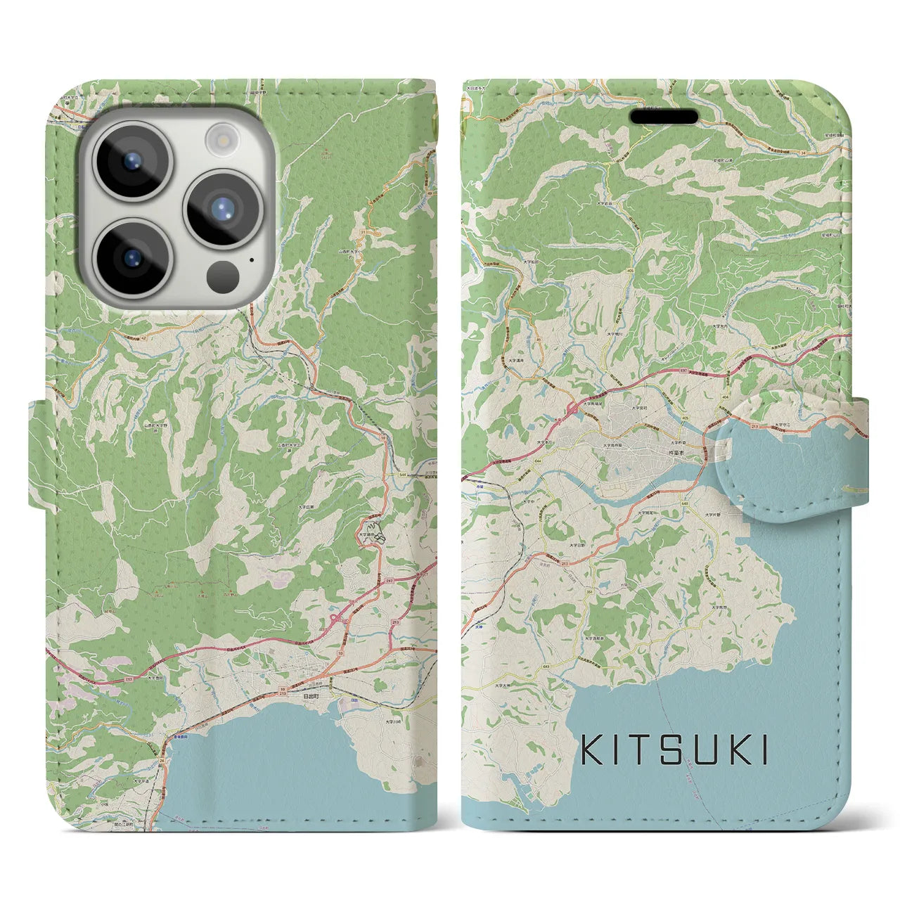 【杵築(大分県)】地図柄iPhoneケース(手帳タイプ)ナチュラル・iPhone 15 Pro 用
