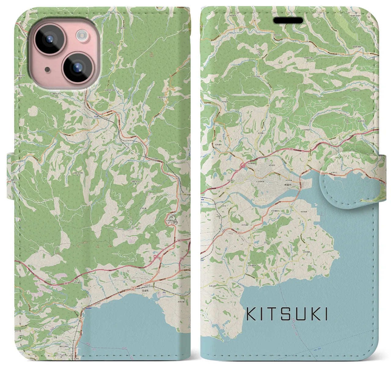 【杵築(大分県)】地図柄iPhoneケース(手帳タイプ)ナチュラル・iPhone 15 Plus 用