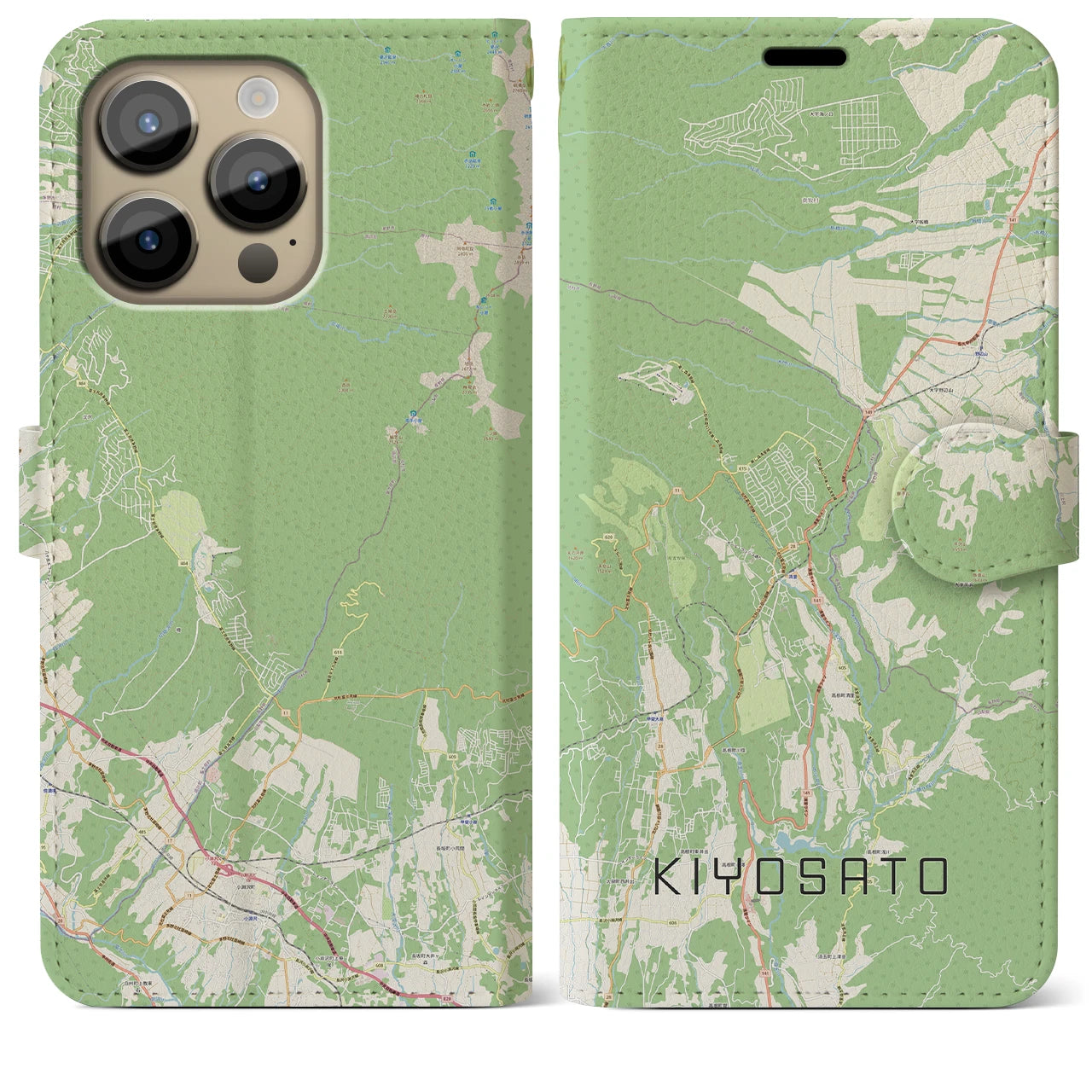 【清里(山梨県)】地図柄iPhoneケース(手帳タイプ)ナチュラル・iPhone 14 Pro Max 用