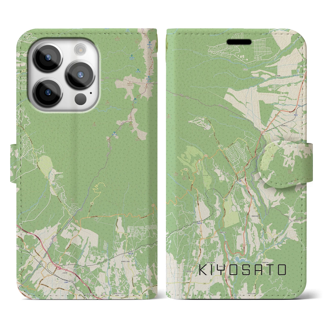 【清里(山梨県)】地図柄iPhoneケース(手帳タイプ)ナチュラル・iPhone 14 Pro 用