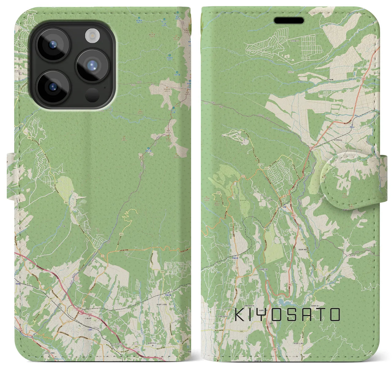 【清里(山梨県)】地図柄iPhoneケース(手帳タイプ)ナチュラル・iPhone 15 Pro Max 用