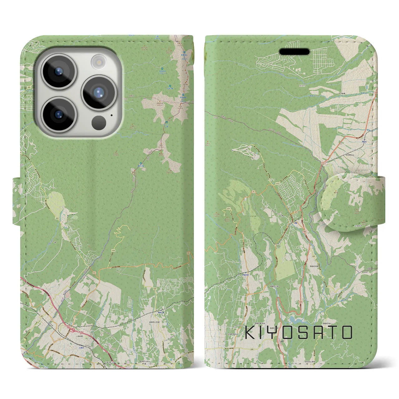 【清里(山梨県)】地図柄iPhoneケース(手帳タイプ)ナチュラル・iPhone 15 Pro 用