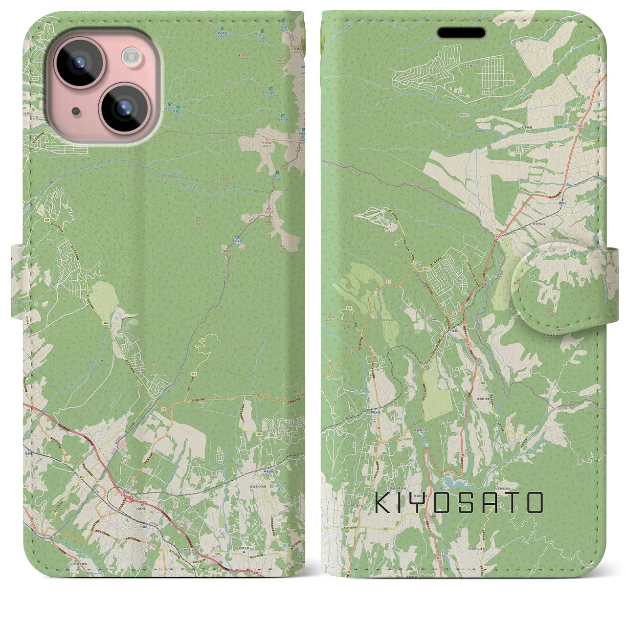 【清里(山梨県)】地図柄iPhoneケース(手帳タイプ)ナチュラル・iPhone 15 Plus 用