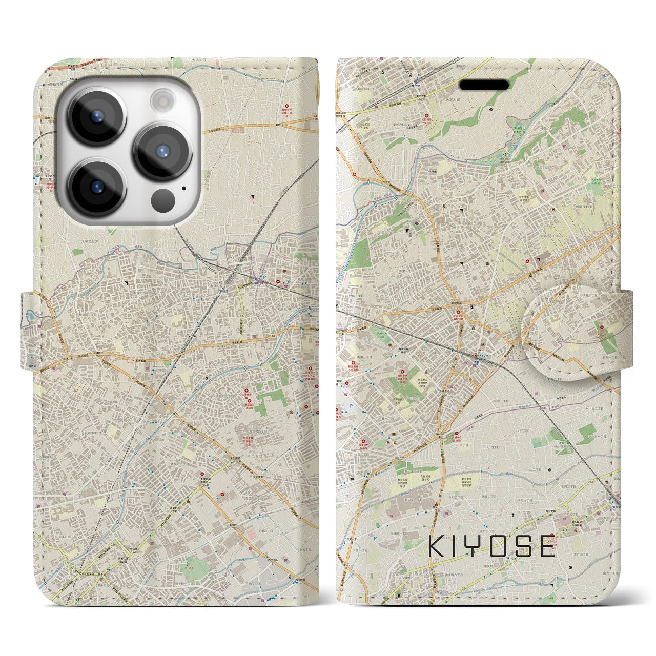【清瀬(東京都)】地図柄iPhoneケース(手帳タイプ)ナチュラル・iPhone 14 Pro 用