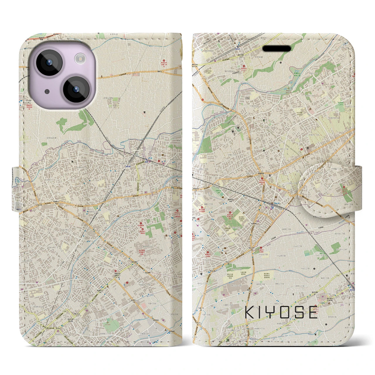 【清瀬(東京都)】地図柄iPhoneケース(手帳タイプ)ナチュラル・iPhone 14 用