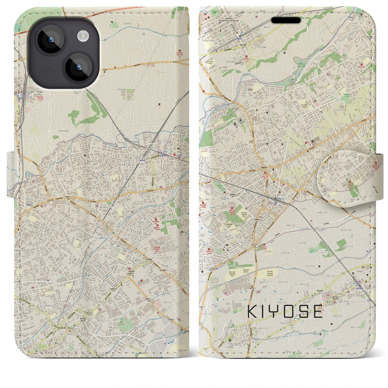 【清瀬(東京都)】地図柄iPhoneケース(手帳タイプ)ナチュラル・iPhone 14 Plus 用