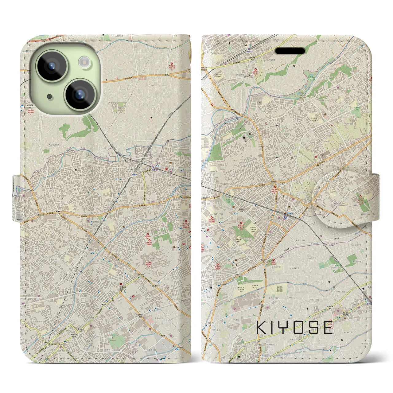 【清瀬(東京都)】地図柄iPhoneケース(手帳タイプ)ナチュラル・iPhone 15 用