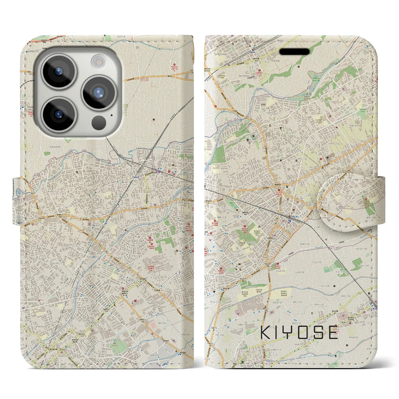 【清瀬(東京都)】地図柄iPhoneケース(手帳タイプ)ナチュラル・iPhone 15 Pro 用