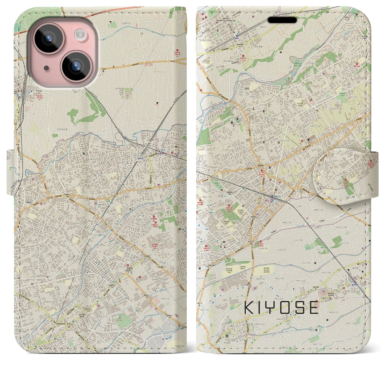 【清瀬(東京都)】地図柄iPhoneケース(手帳タイプ)ナチュラル・iPhone 15 Plus 用
