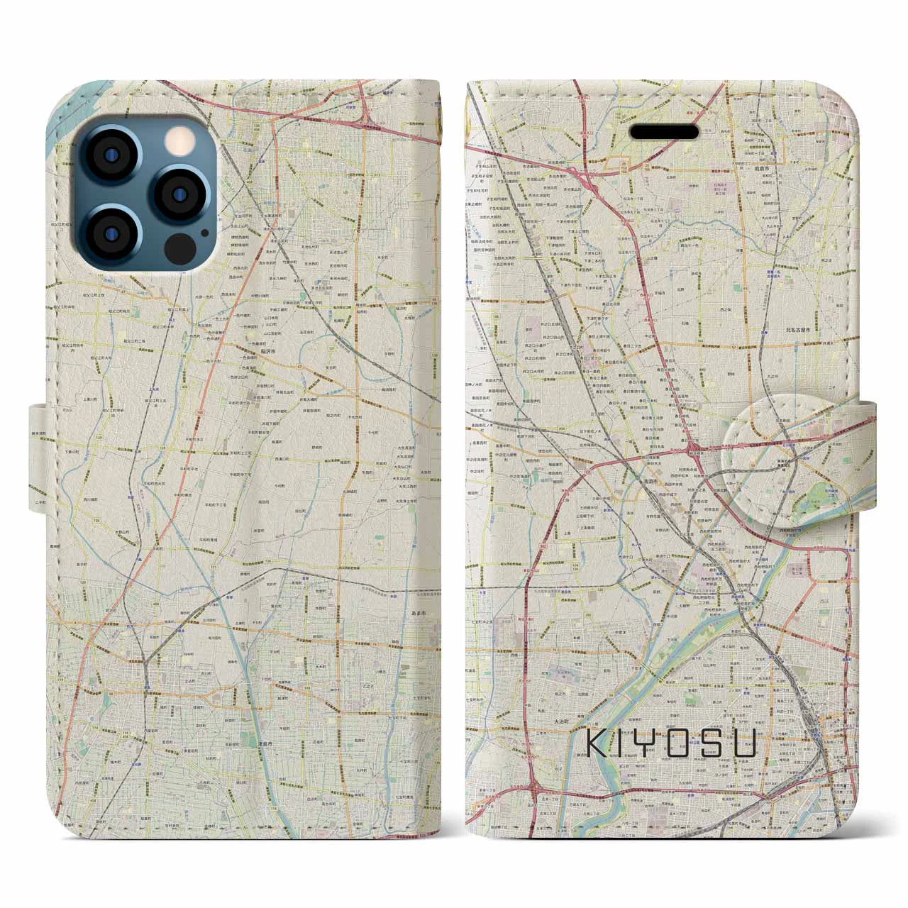 【清須(愛知県)】地図柄iPhoneケース(手帳タイプ)ナチュラル・iPhone 12 / 12 Pro 用