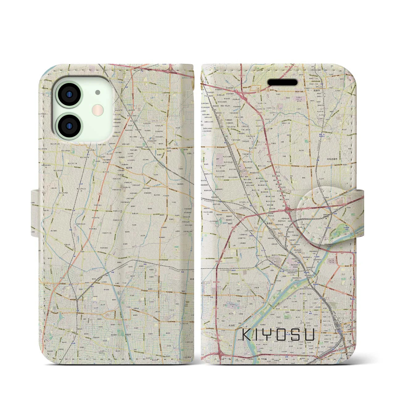 【清須(愛知県)】地図柄iPhoneケース(手帳タイプ)ナチュラル・iPhone 12 mini 用