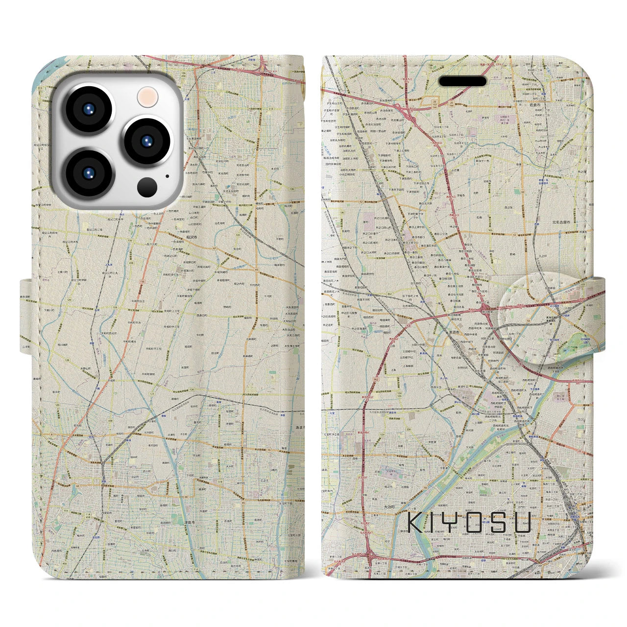【清須(愛知県)】地図柄iPhoneケース(手帳タイプ)ナチュラル・iPhone 13 Pro 用