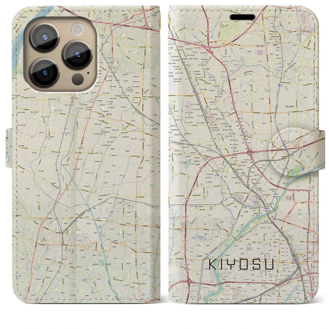 【清須(愛知県)】地図柄iPhoneケース(手帳タイプ)ナチュラル・iPhone 14 Pro Max 用