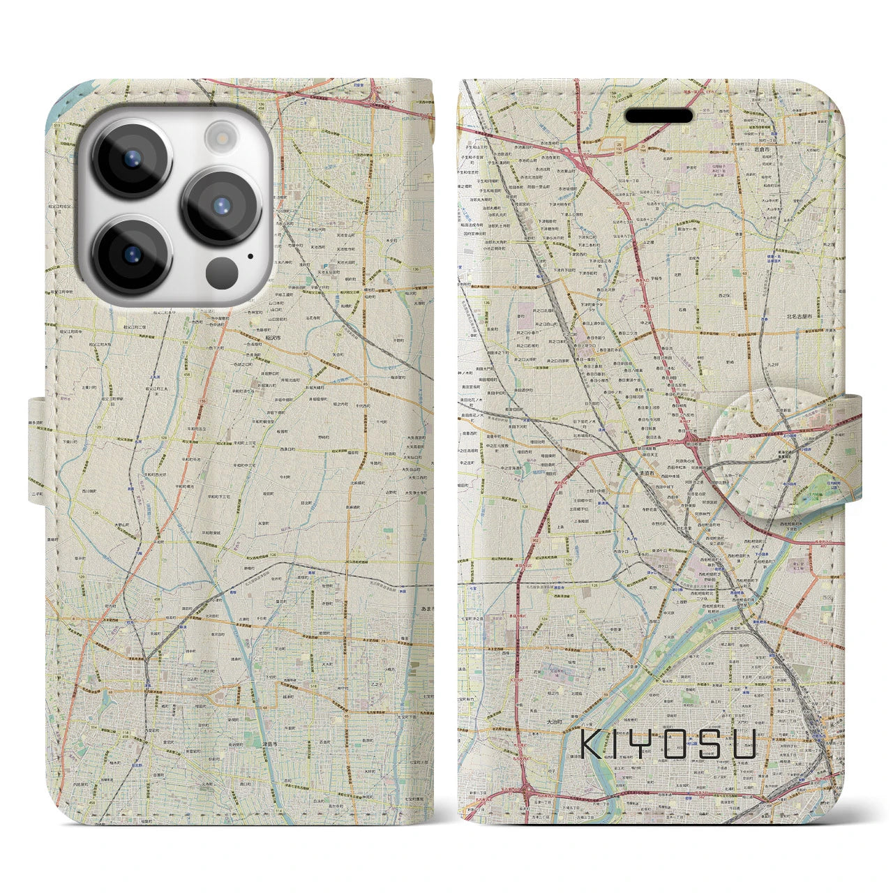 【清須(愛知県)】地図柄iPhoneケース(手帳タイプ)ナチュラル・iPhone 14 Pro 用