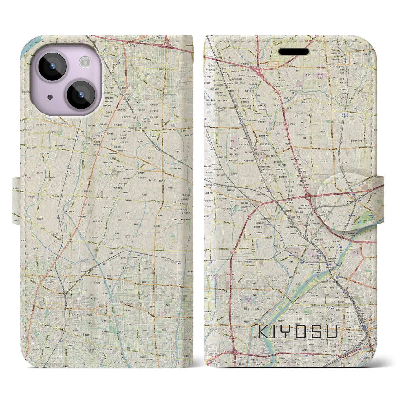 【清須(愛知県)】地図柄iPhoneケース(手帳タイプ)ナチュラル・iPhone 14 用