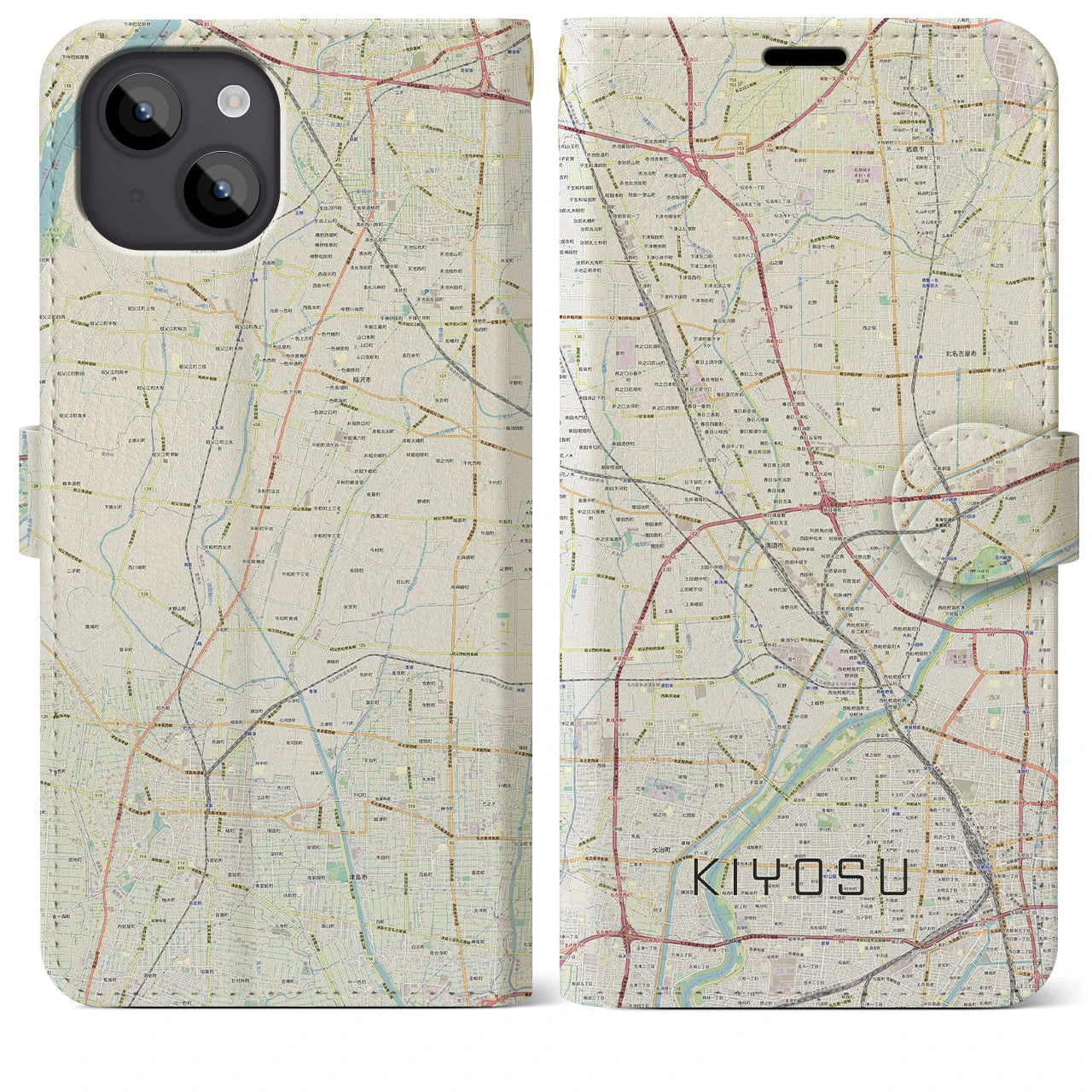 【清須(愛知県)】地図柄iPhoneケース(手帳タイプ)ナチュラル・iPhone 14 Plus 用