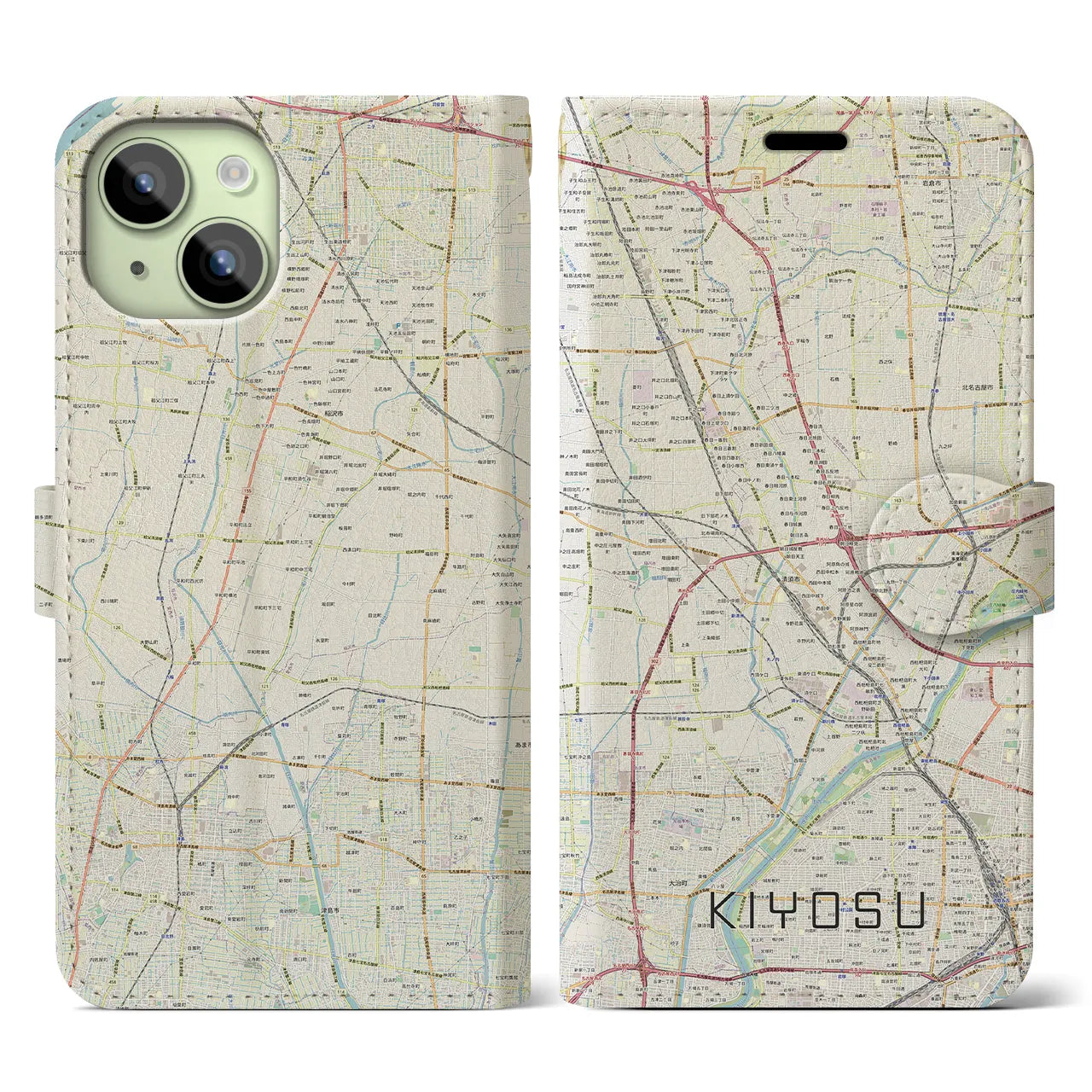 【清須(愛知県)】地図柄iPhoneケース(手帳タイプ)ナチュラル・iPhone 15 用