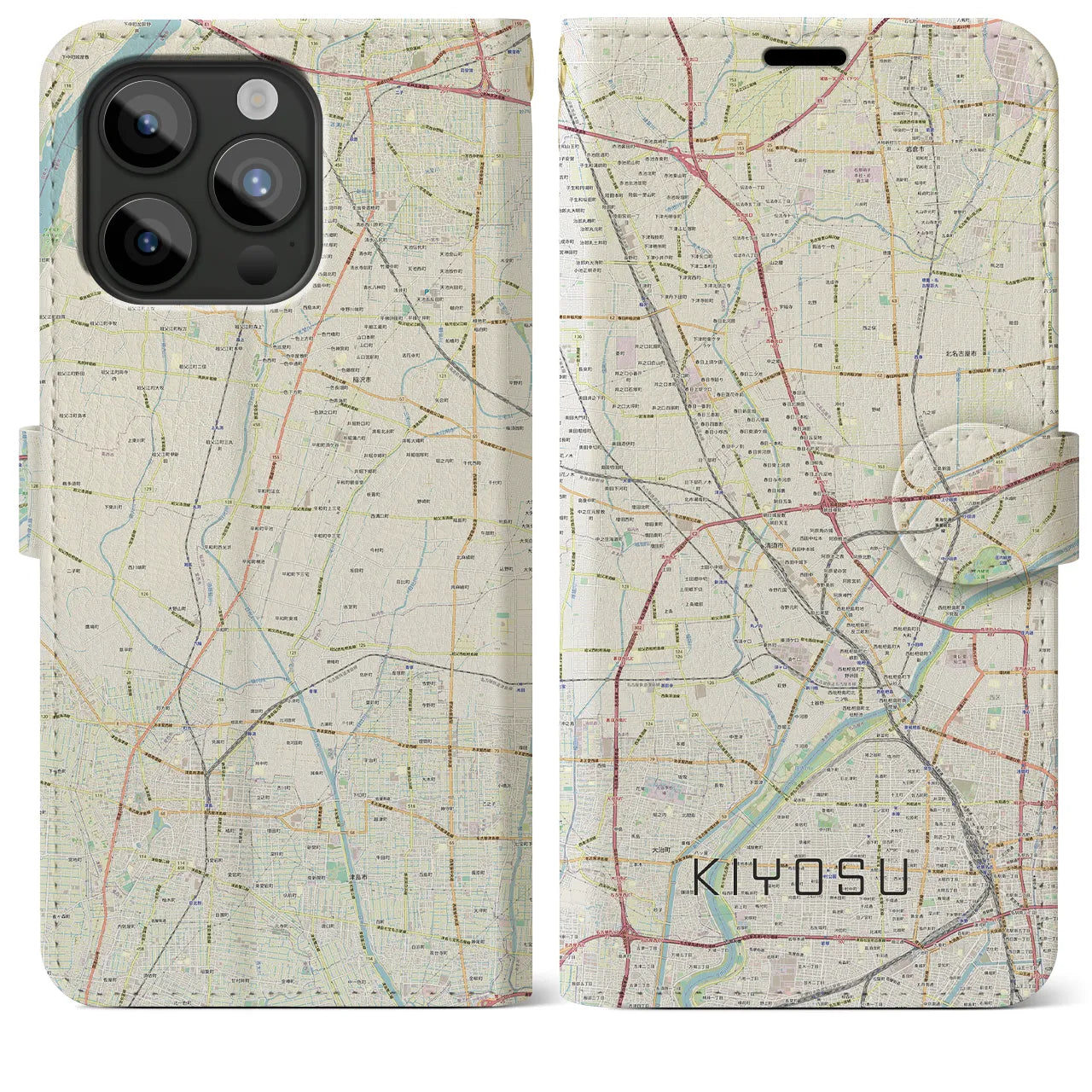 【清須(愛知県)】地図柄iPhoneケース(手帳タイプ)ナチュラル・iPhone 15 Pro Max 用