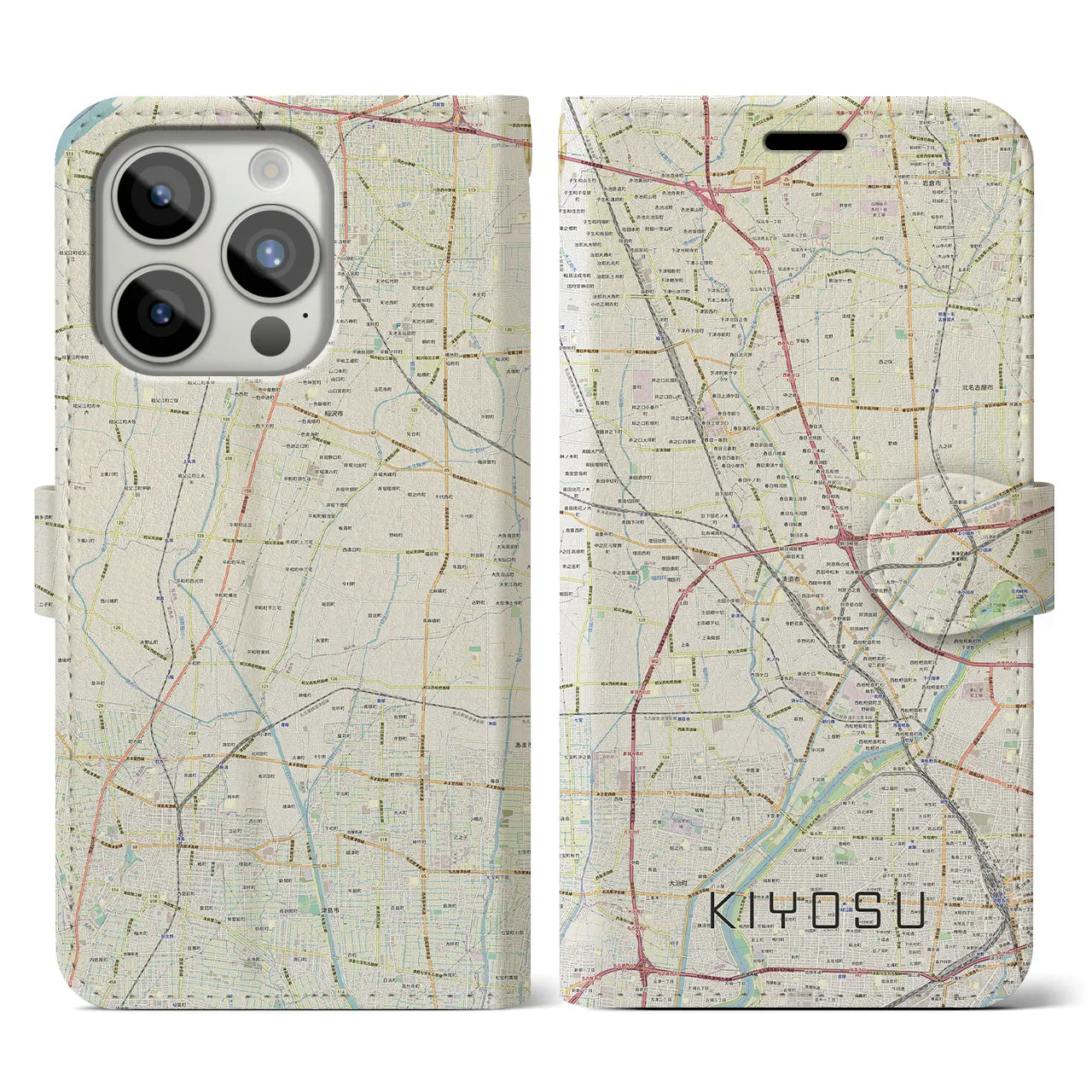 【清須(愛知県)】地図柄iPhoneケース(手帳タイプ)ナチュラル・iPhone 15 Pro 用
