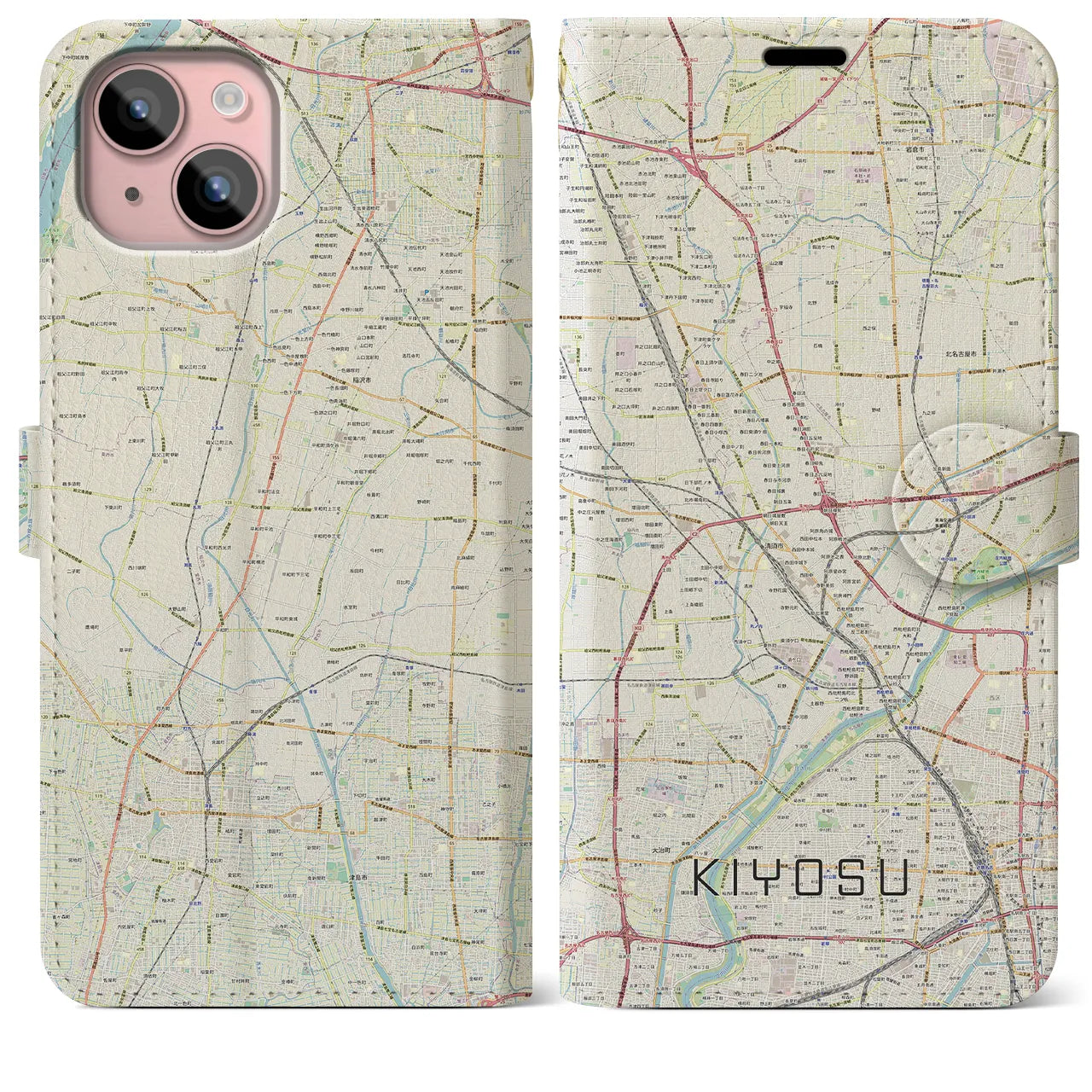 【清須(愛知県)】地図柄iPhoneケース(手帳タイプ)ナチュラル・iPhone 15 Plus 用