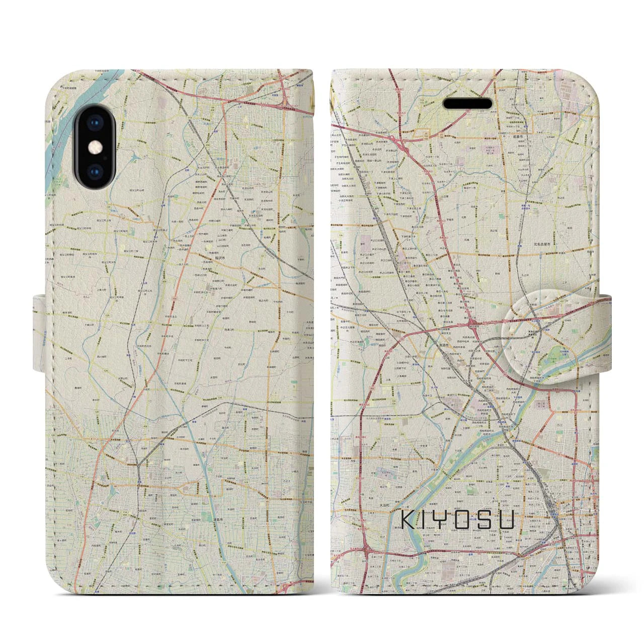 【清須(愛知県)】地図柄iPhoneケース(手帳タイプ)ナチュラル・iPhone XS / X 用