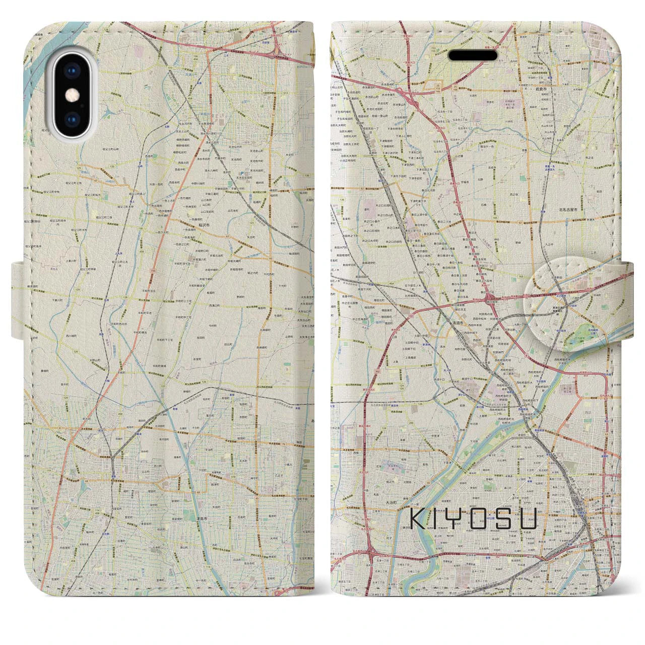 【清須(愛知県)】地図柄iPhoneケース(手帳タイプ)ナチュラル・iPhone XS Max 用