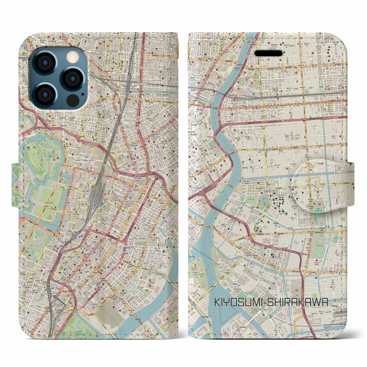 【清澄白河(東京都)】地図柄iPhoneケース(手帳タイプ)ナチュラル・iPhone 12 / 12 Pro 用