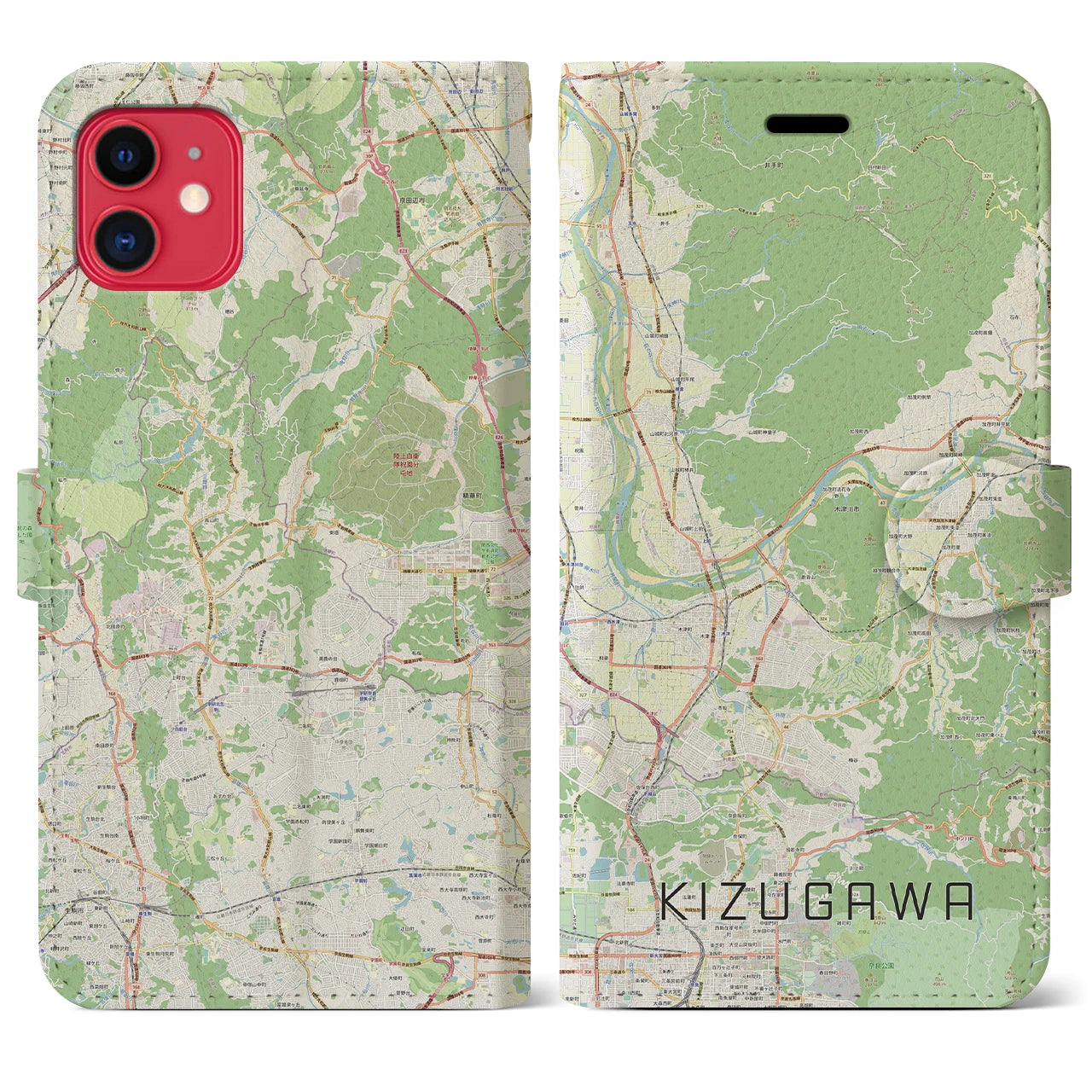 【木津川(京都府)】地図柄iPhoneケース(手帳タイプ)ナチュラル・iPhone 11 用