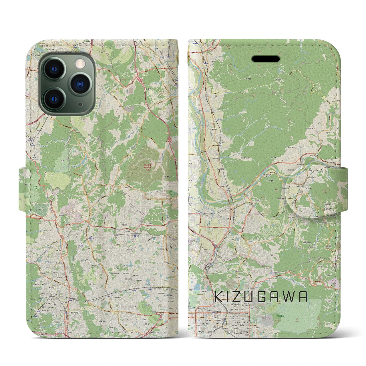 【木津川(京都府)】地図柄iPhoneケース(手帳タイプ)ナチュラル・iPhone 11 Pro 用