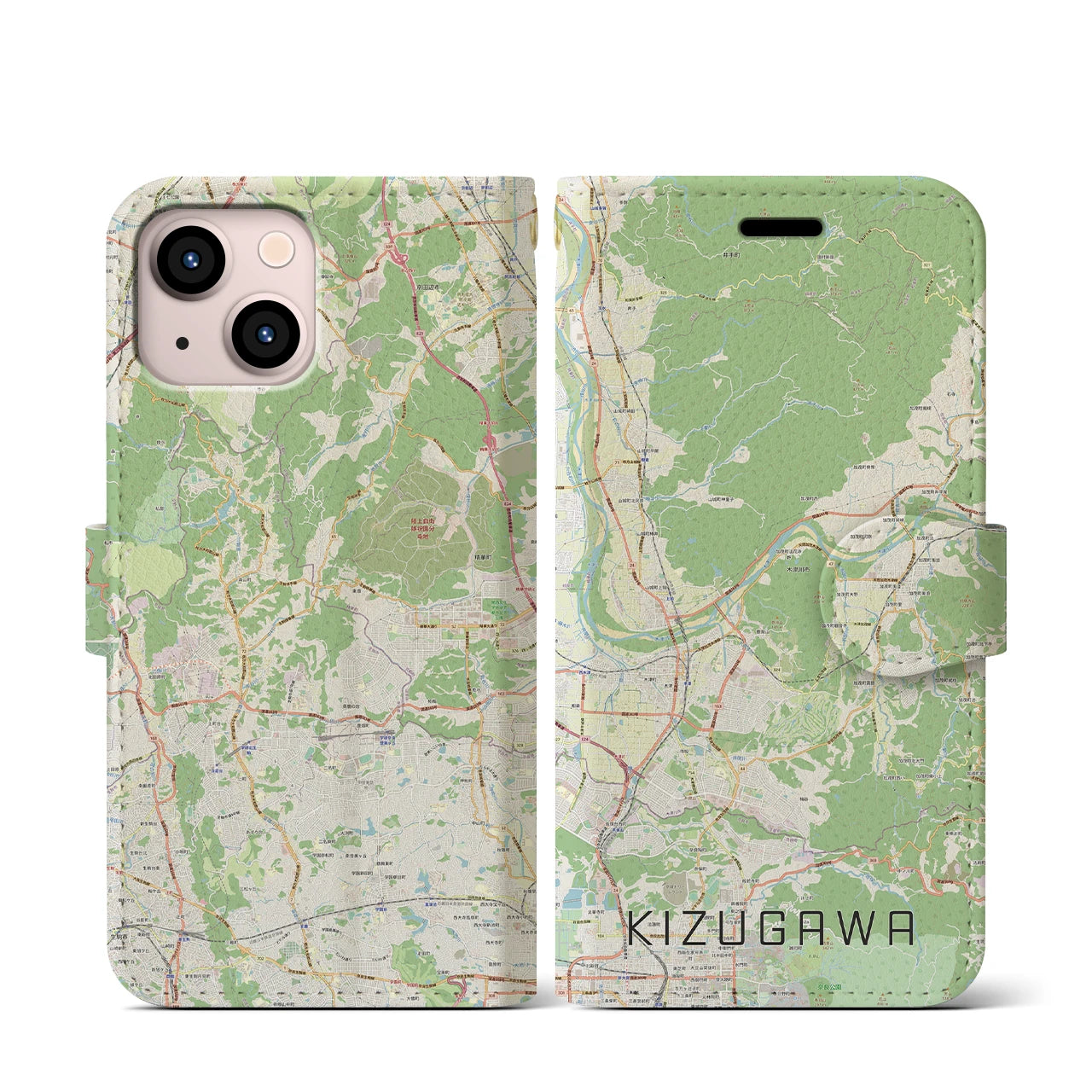 【木津川(京都府)】地図柄iPhoneケース(手帳タイプ)ナチュラル・iPhone 13 mini 用