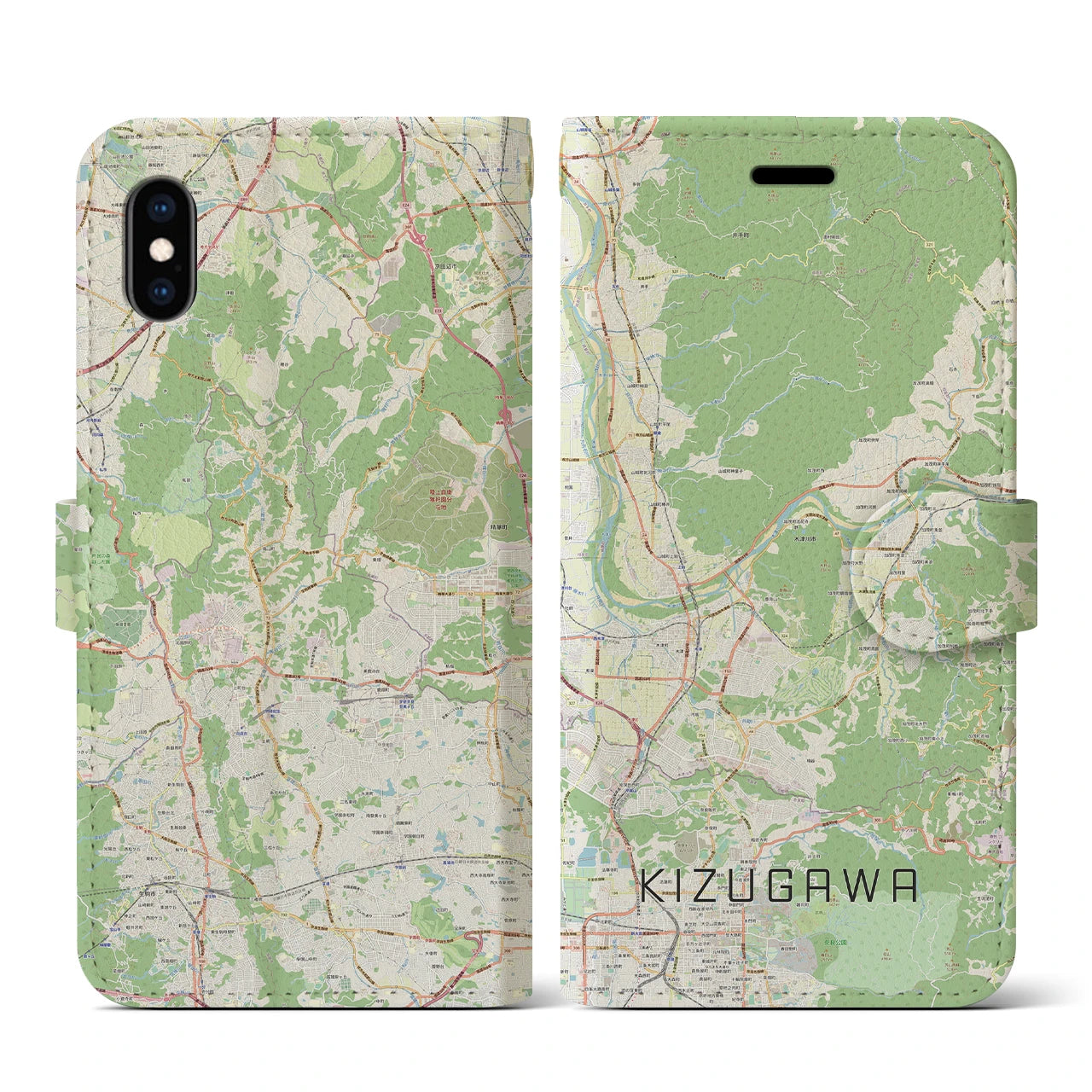 【木津川(京都府)】地図柄iPhoneケース(手帳タイプ)ナチュラル・iPhone XS / X 用