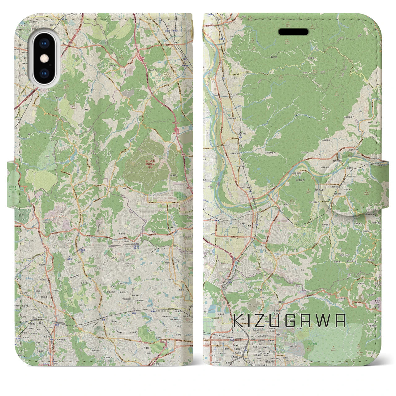 【木津川(京都府)】地図柄iPhoneケース(手帳タイプ)ナチュラル・iPhone XS Max 用