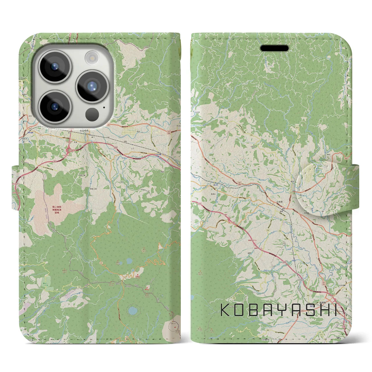 【小林(宮崎県)】地図柄iPhoneケース(手帳タイプ)ナチュラル・iPhone 15 Pro 用