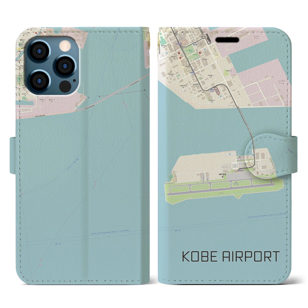 【神戸空港(兵庫県)】地図柄iPhoneケース(手帳タイプ)ナチュラル・iPhone 12 / 12 Pro 用