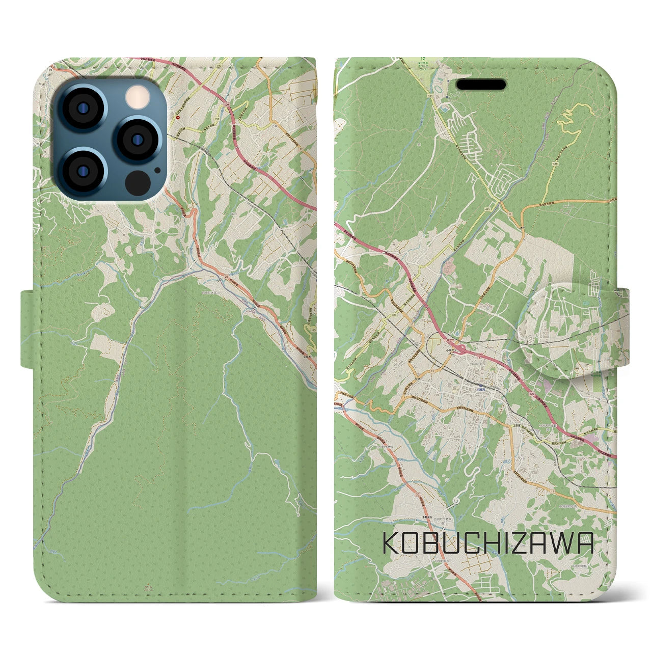 【小淵沢(山梨県)】地図柄iPhoneケース(手帳タイプ)ナチュラル・iPhone 12 / 12 Pro 用