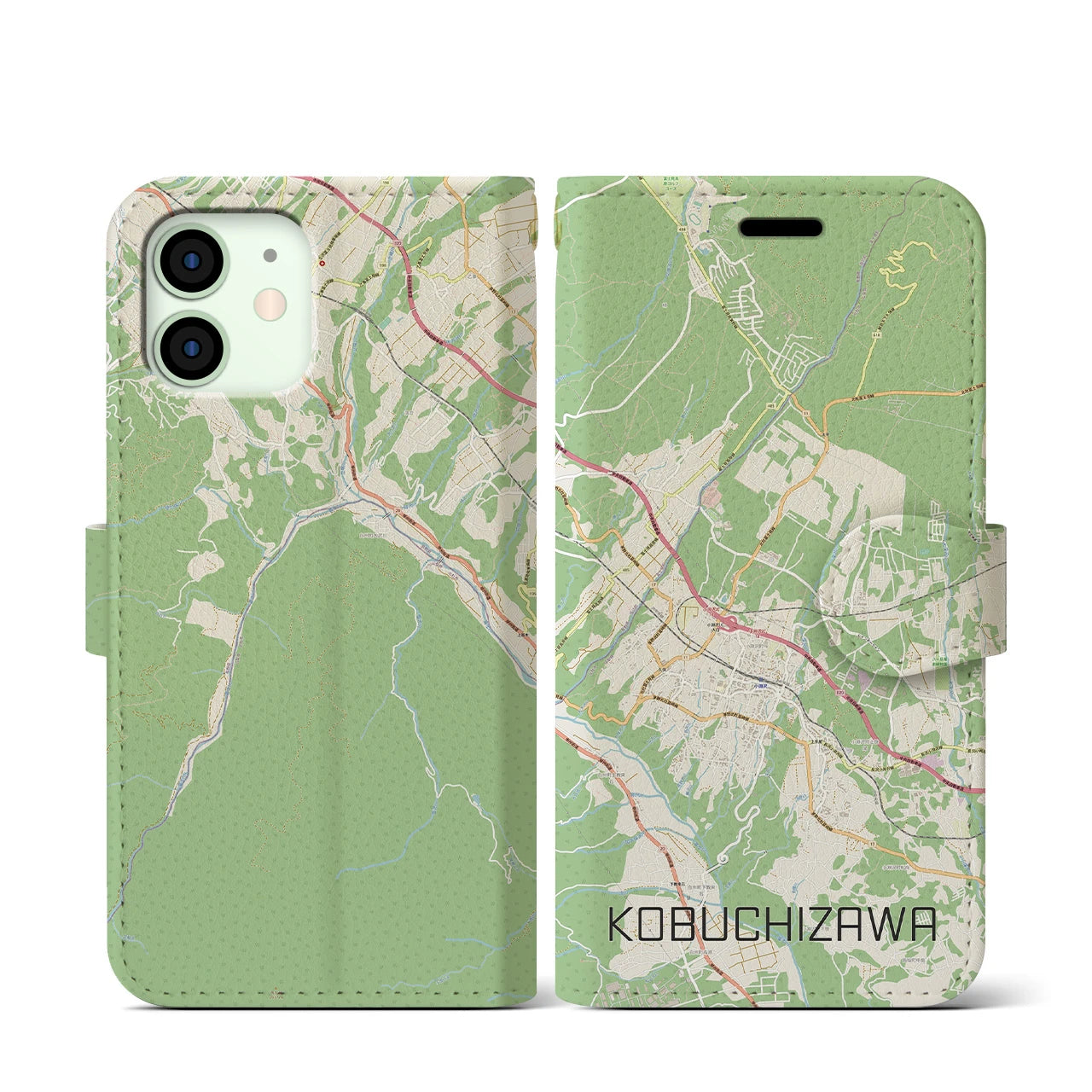 【小淵沢(山梨県)】地図柄iPhoneケース(手帳タイプ)ナチュラル・iPhone 12 mini 用