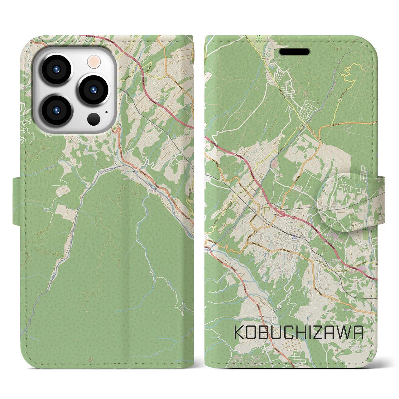 【小淵沢(山梨県)】地図柄iPhoneケース(手帳タイプ)ナチュラル・iPhone 13 Pro 用